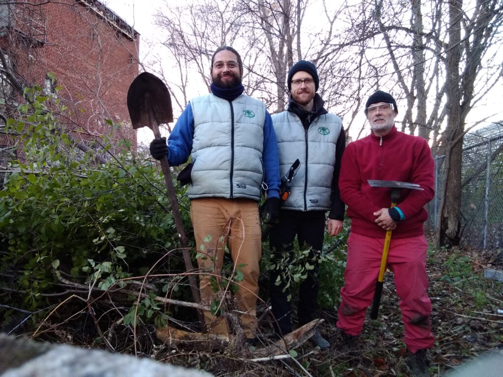 Aldom, Dylan and Bruce in front of the Common Buckthorn we removed